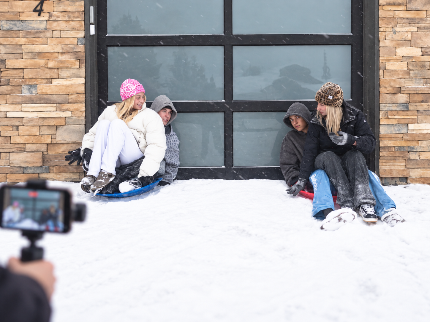 Jiggy Turner and Selah filming a snow-day segment with Gavin and Mackenna